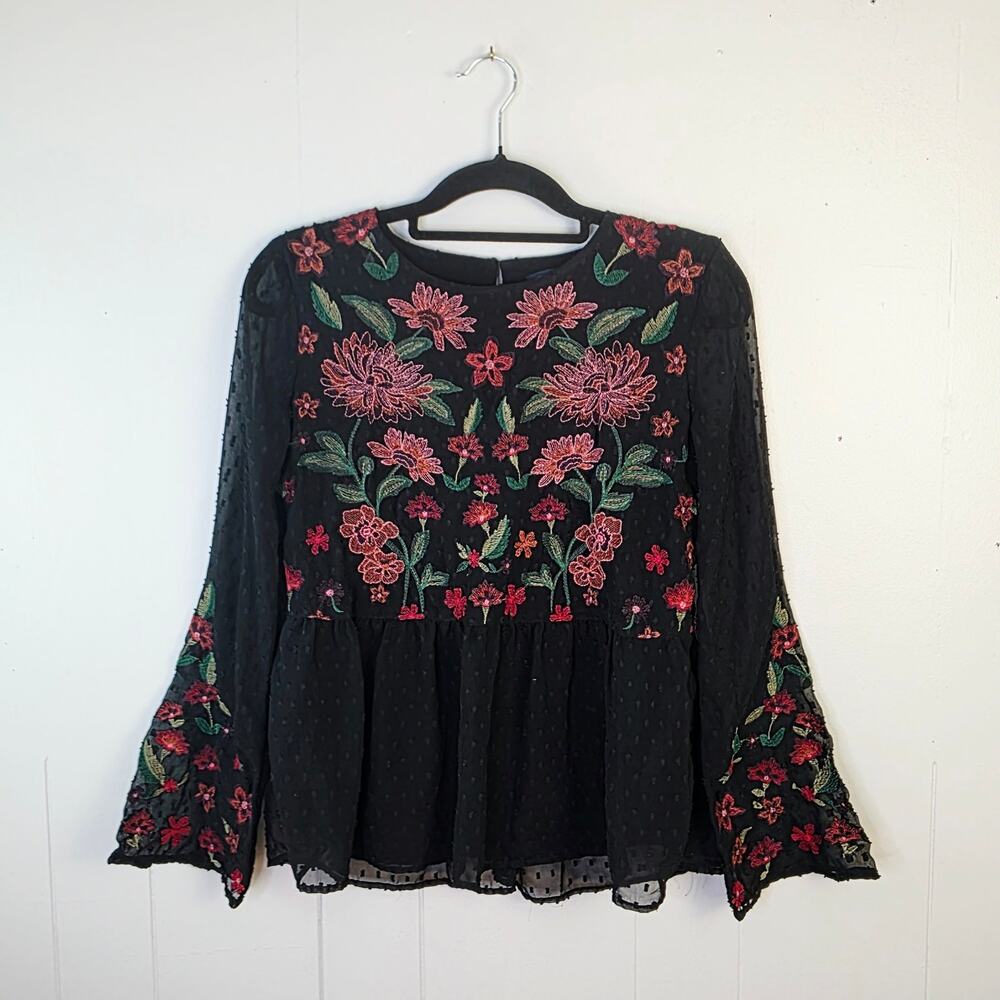 American Eagle Outfitters Blouse Small Black Floral Embroidered Boho Peplum - Picture 2 of 12